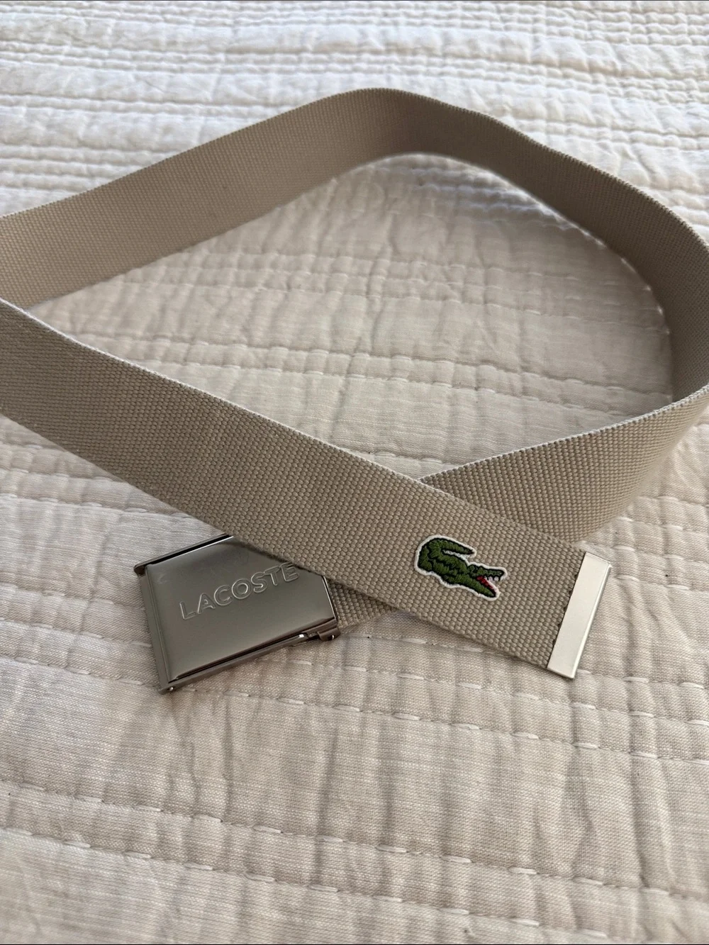 Lacoste Beige Canvas Belt with Metal Buckle and Green Croc Patch